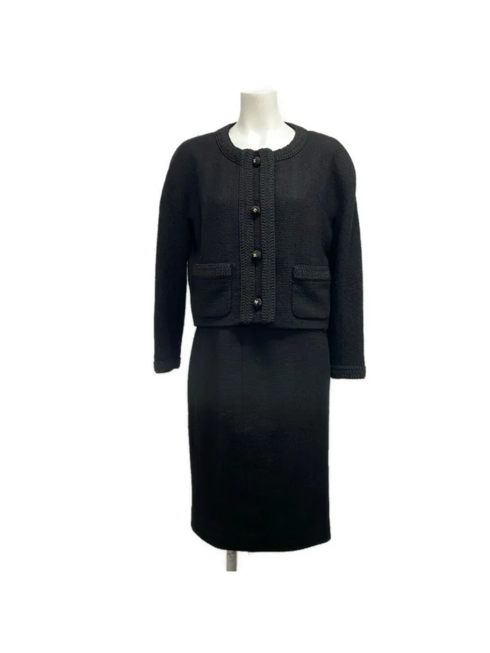 Chanel Skirt Suit Black Tweed CC Logo Button Wool